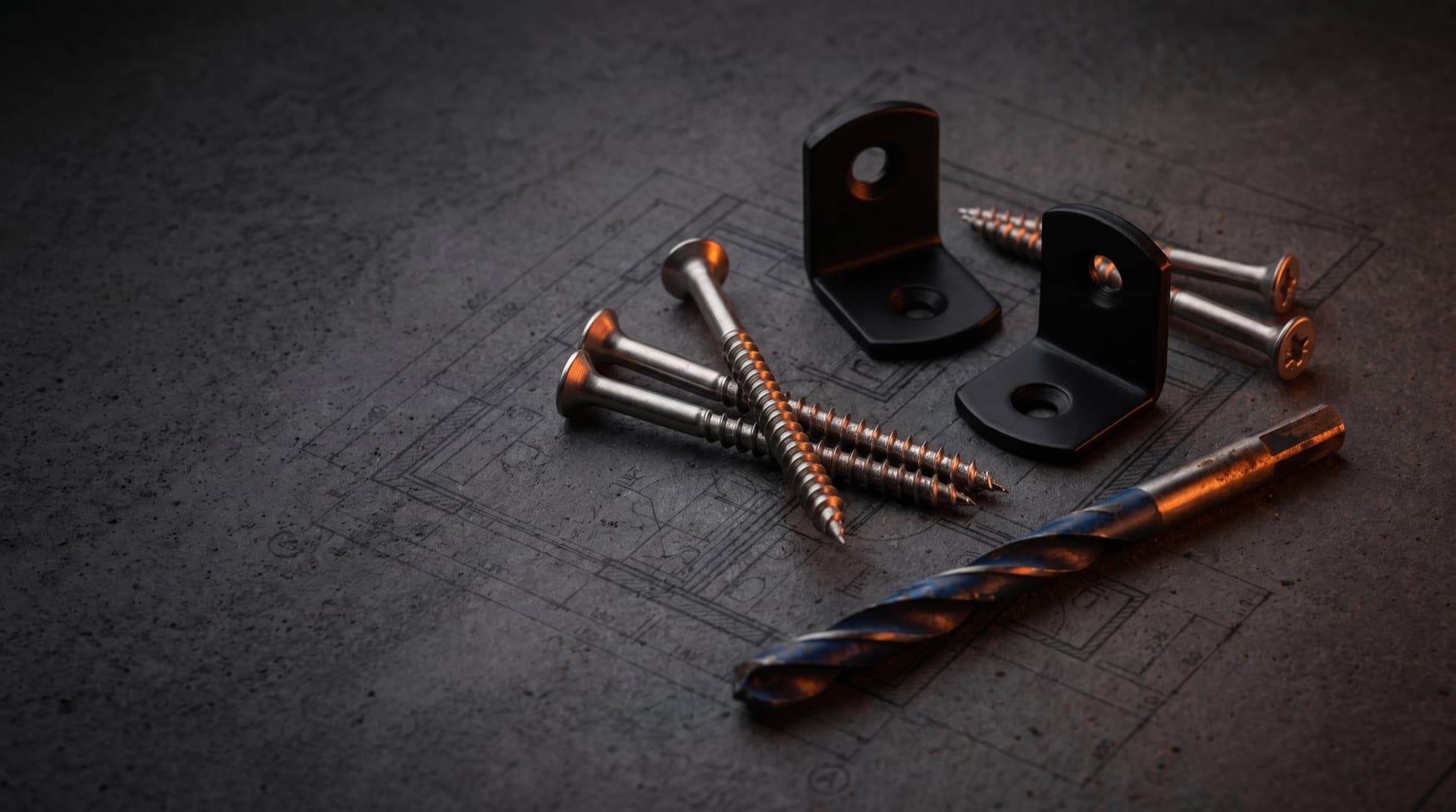 Brushed stainless screws, matte black brackets and a drill bit on technical drawings