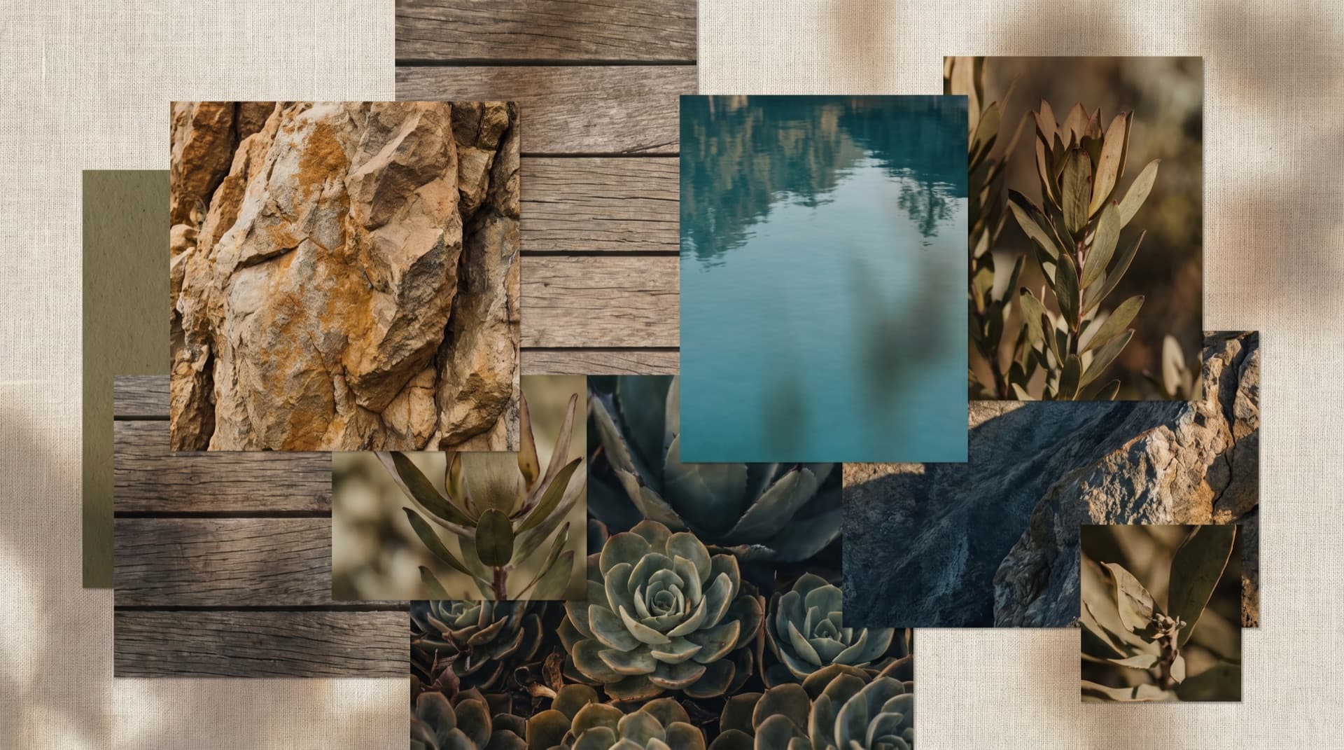 Moodboard of Cape Town textures — mountain stone, timber, pool water and planting