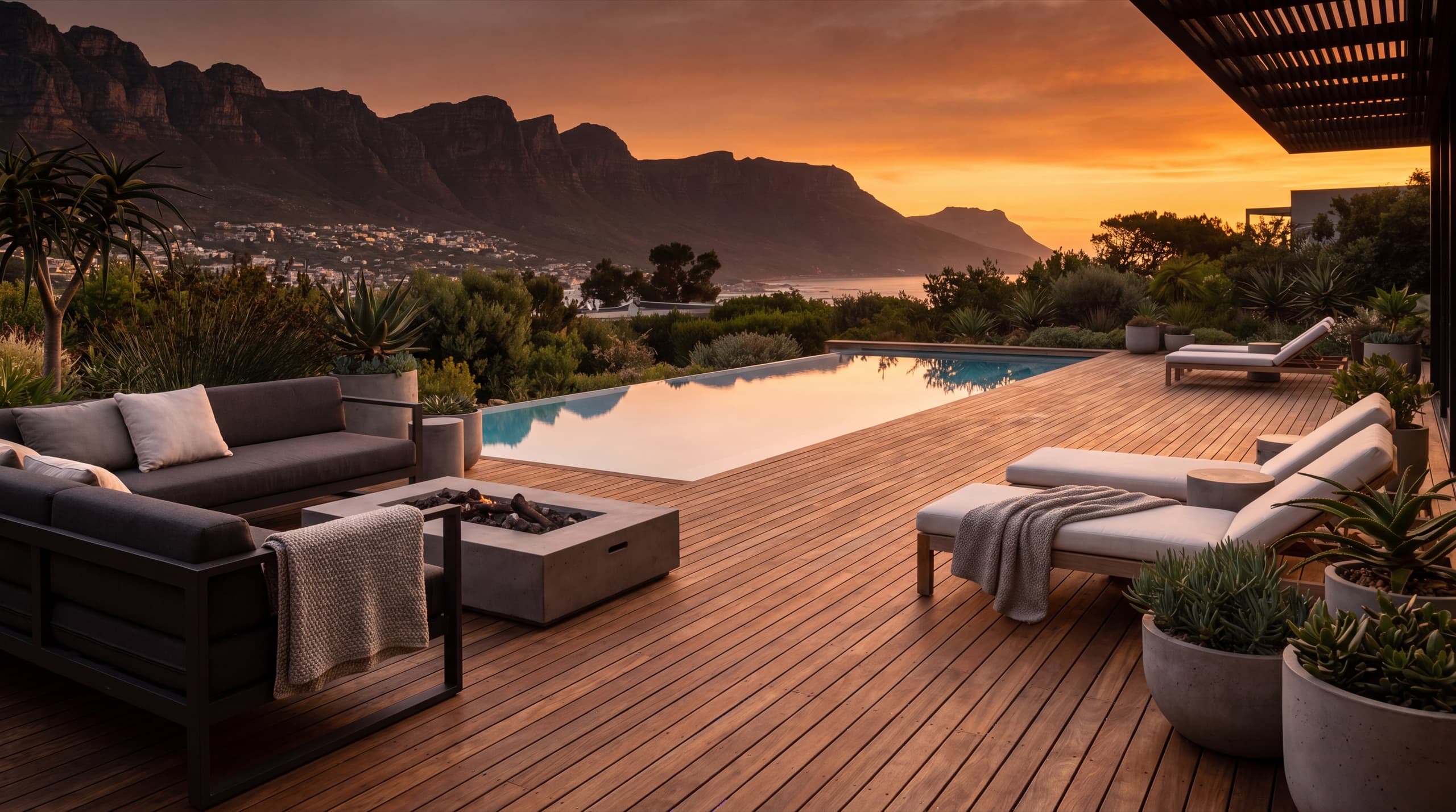 Premium Cape Town outdoor living deck and infinity pool at golden hour